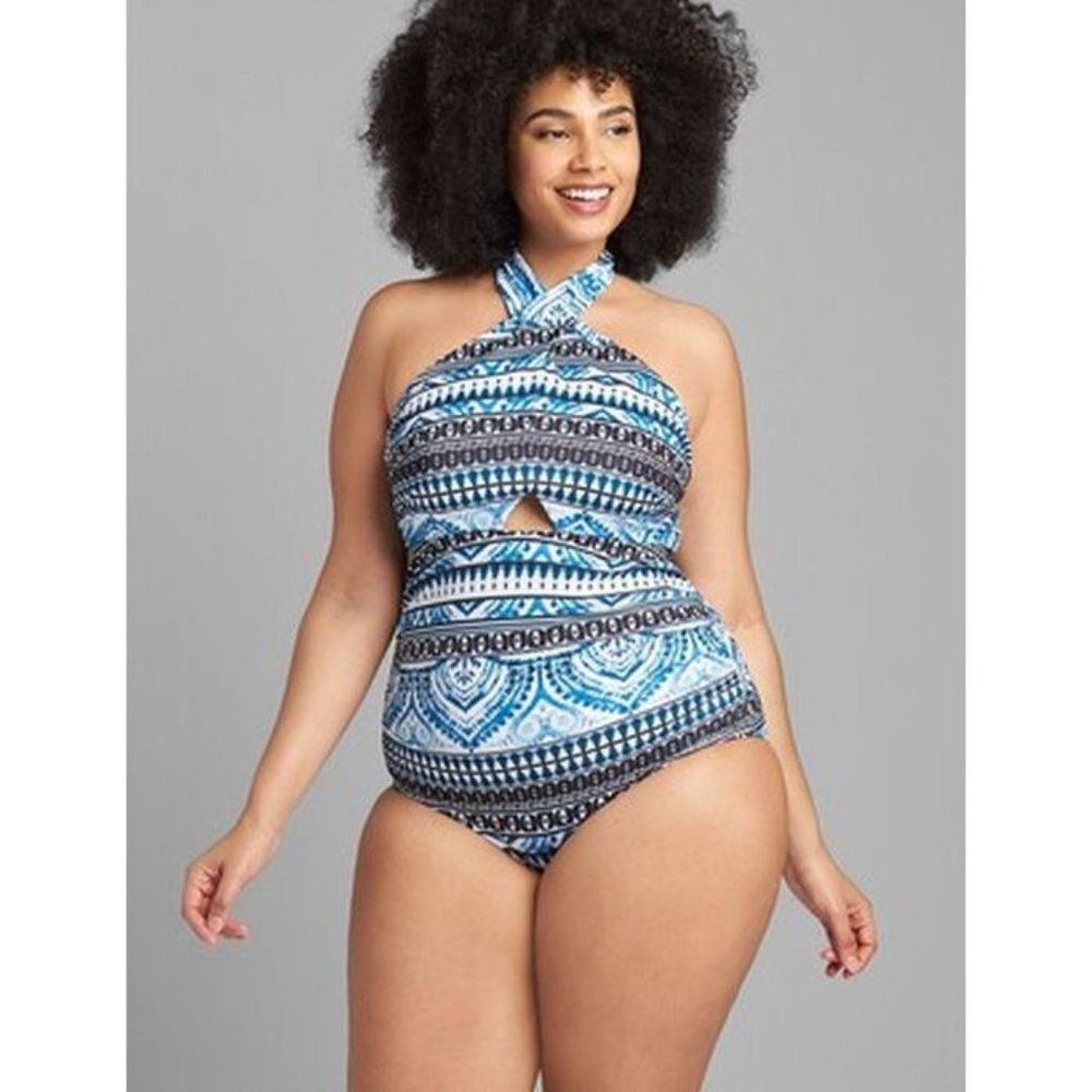 Lane Bryant Cacique Tie Neck Cutout No Wire One Piece Swimsuit 16